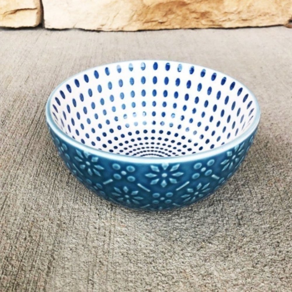 Blue and White Polka Dots Retro Kitchen Bowl / Small Blue Circle Spiral Bowl